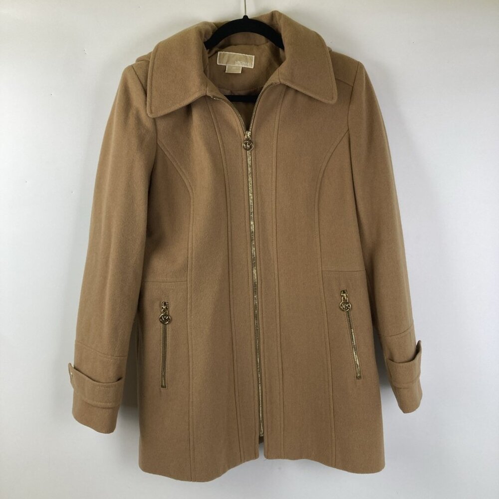 Michael Kors Wool Blend Camel Coat Women’s Size 10 Brown Tan Zip Up Fall Jacket